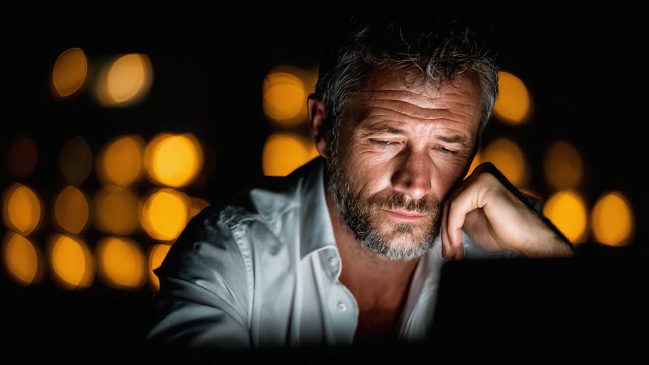 A Thoughtful Man Focuses Intently on a Screen, Illuminated by the Warm Glow of Background Lights, Reflecting on Challenges and Future Decisions in a Darkened Room