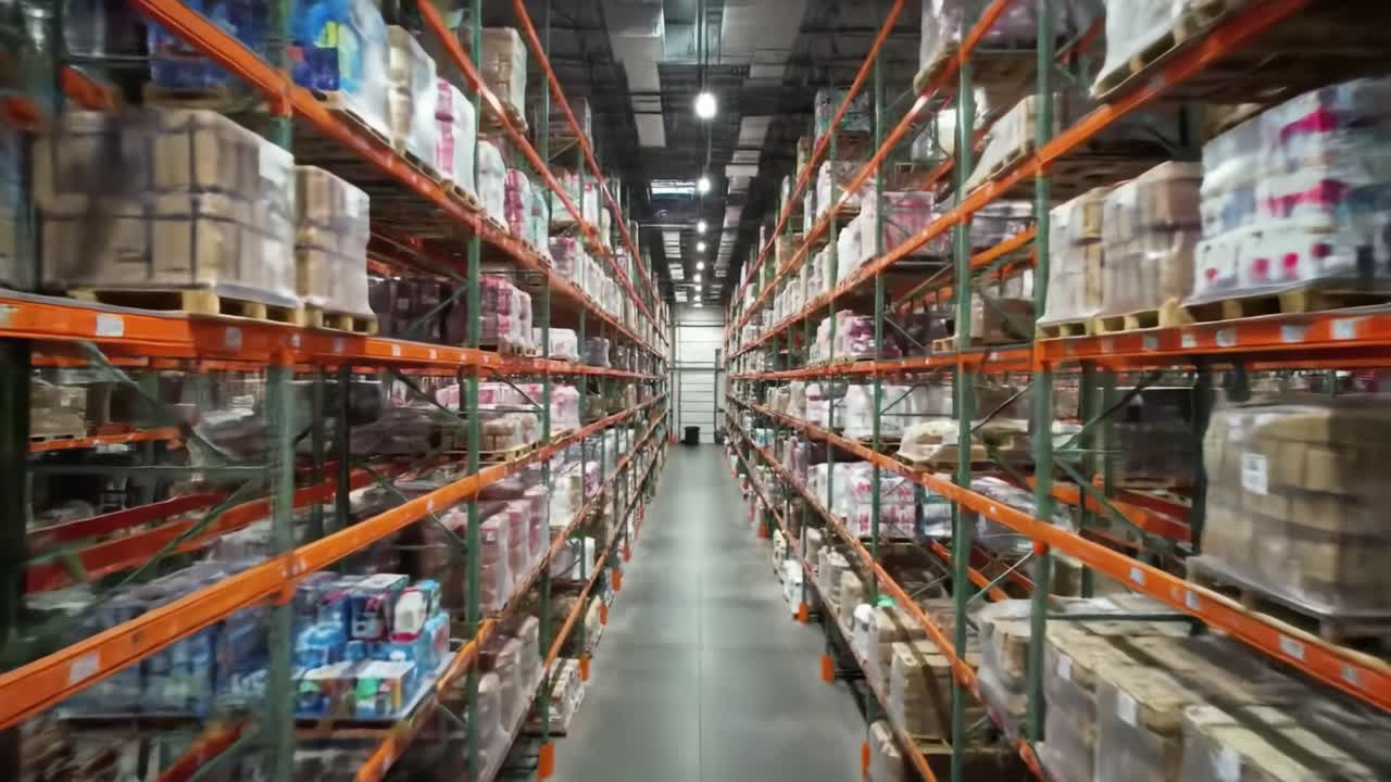 A spacious warehouse filled with rows of shelves stocked with various products. The environment highlights efficient storage practices and effective inventory organization.