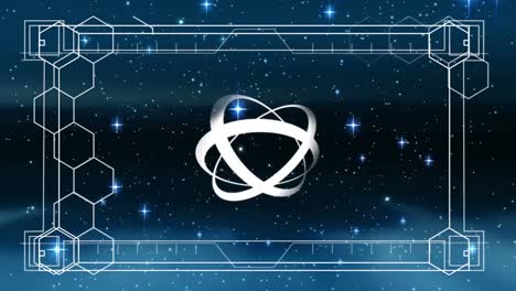 animación de marco blanco con marcadores y hexágonos sobre círculos giratorios sobre estrellas en el cielo nocturno