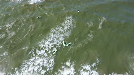 surfers on their boards in the north sea off the coast of netherlands