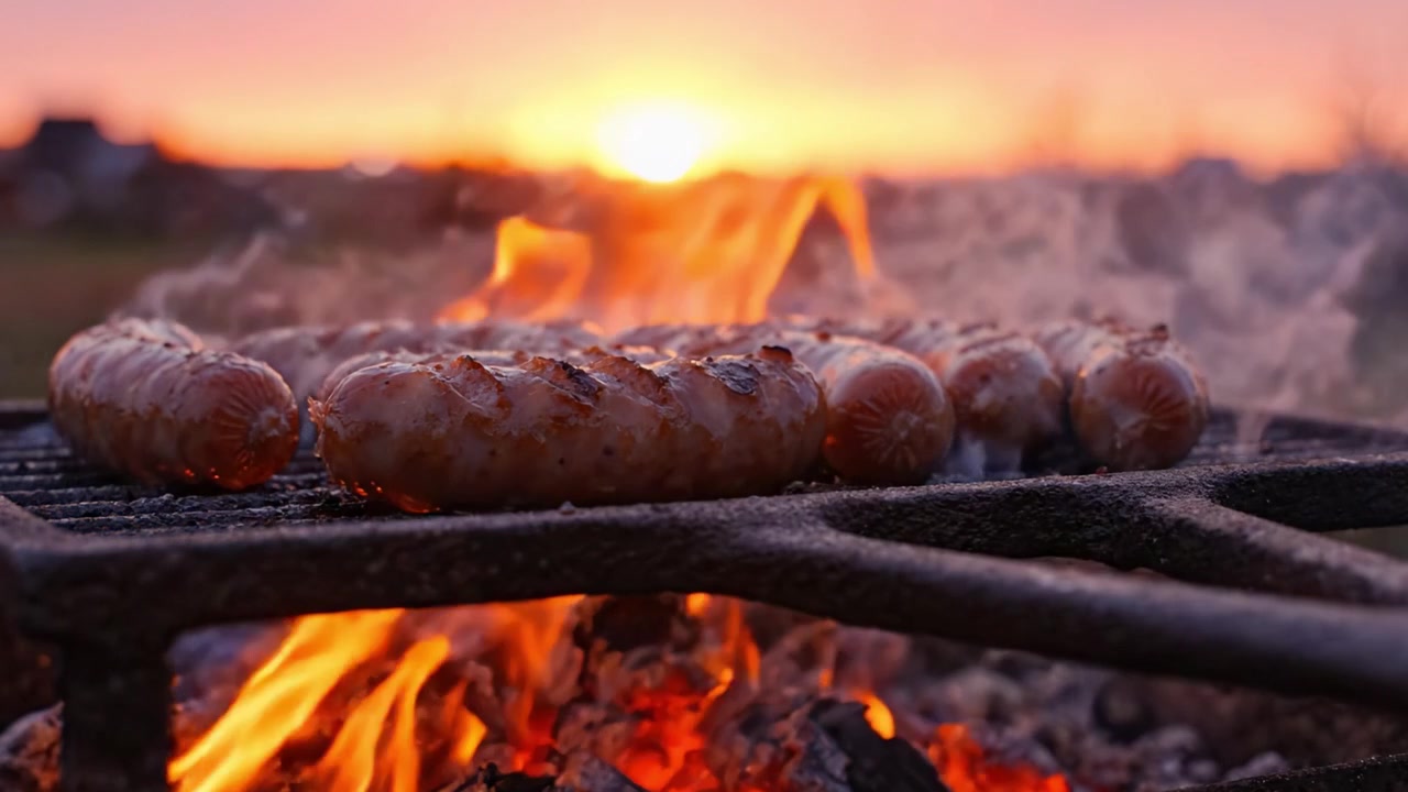 Sizzling Sausages Grilling over Open Fire at Sunset, Capturing the Perfect Moment of Culinary Delight in a Scenic Outdoor Setting