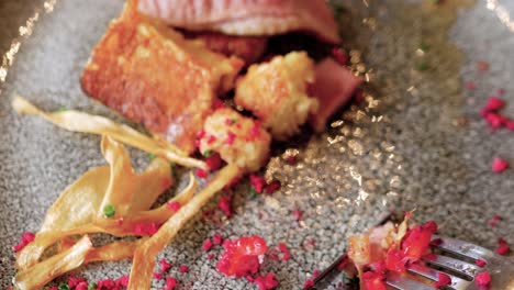 First-person-view-of-eating-a-fine-dining-meal-of-duck-breast-with-king-oyster-mushroom-chips