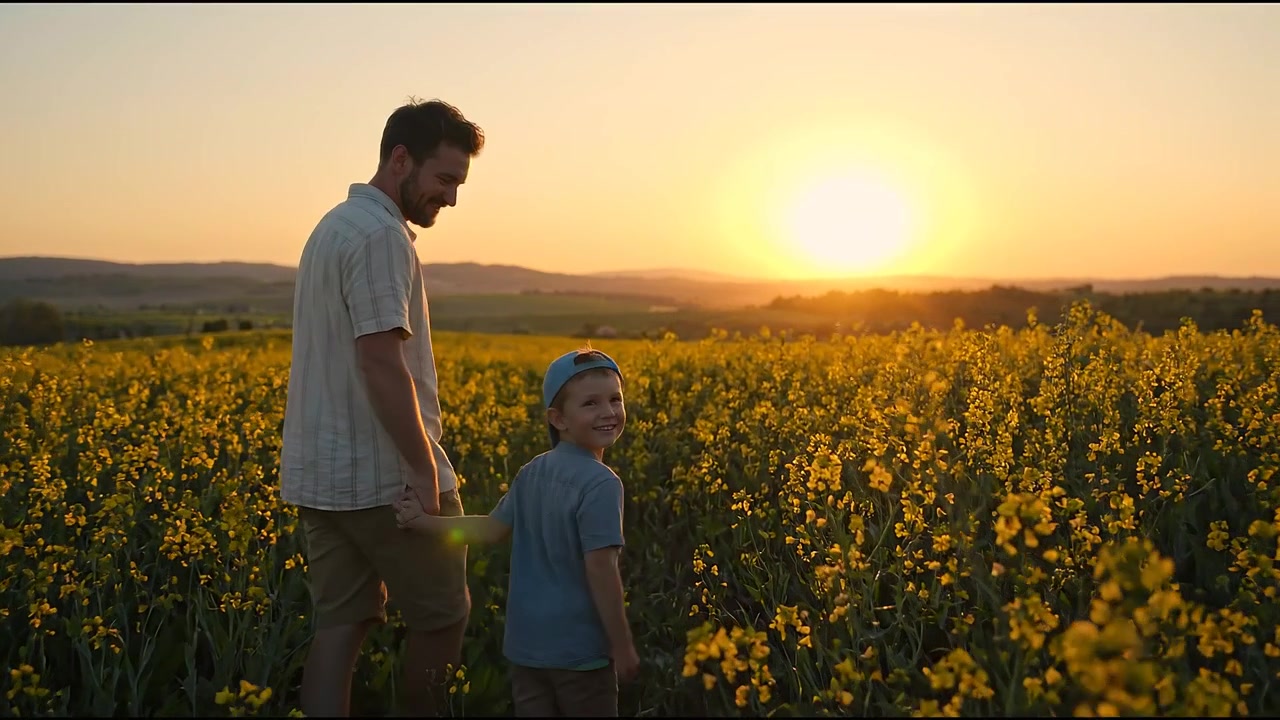 Padre sosteniendo la mano de un niño pequeño caminando por un campo de flores amarillas brillantes con el atardecer de fondo