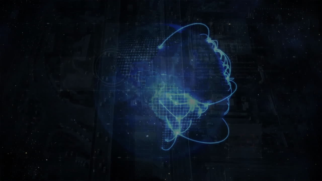 animación del globo con rastros de luz y procesamiento de datos en fondo oscuro