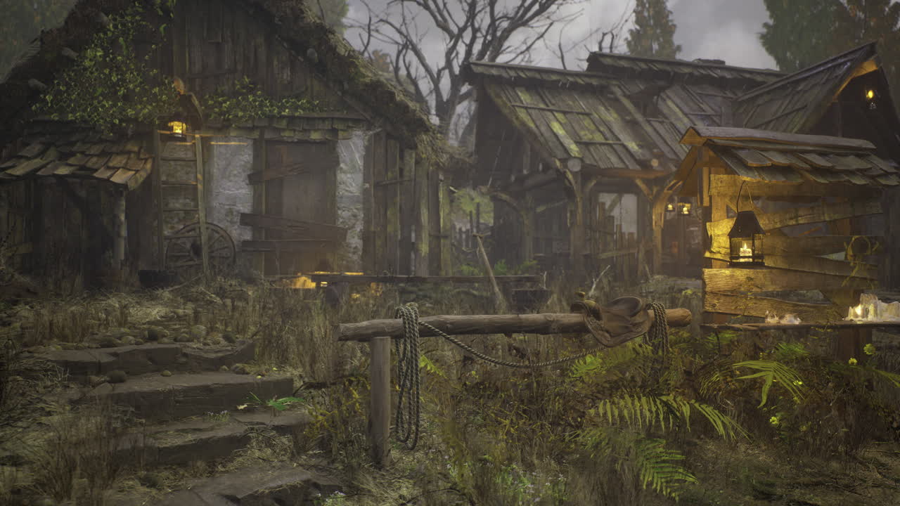 Rustic village setting with weathered cabins and an enchanting atmosphere