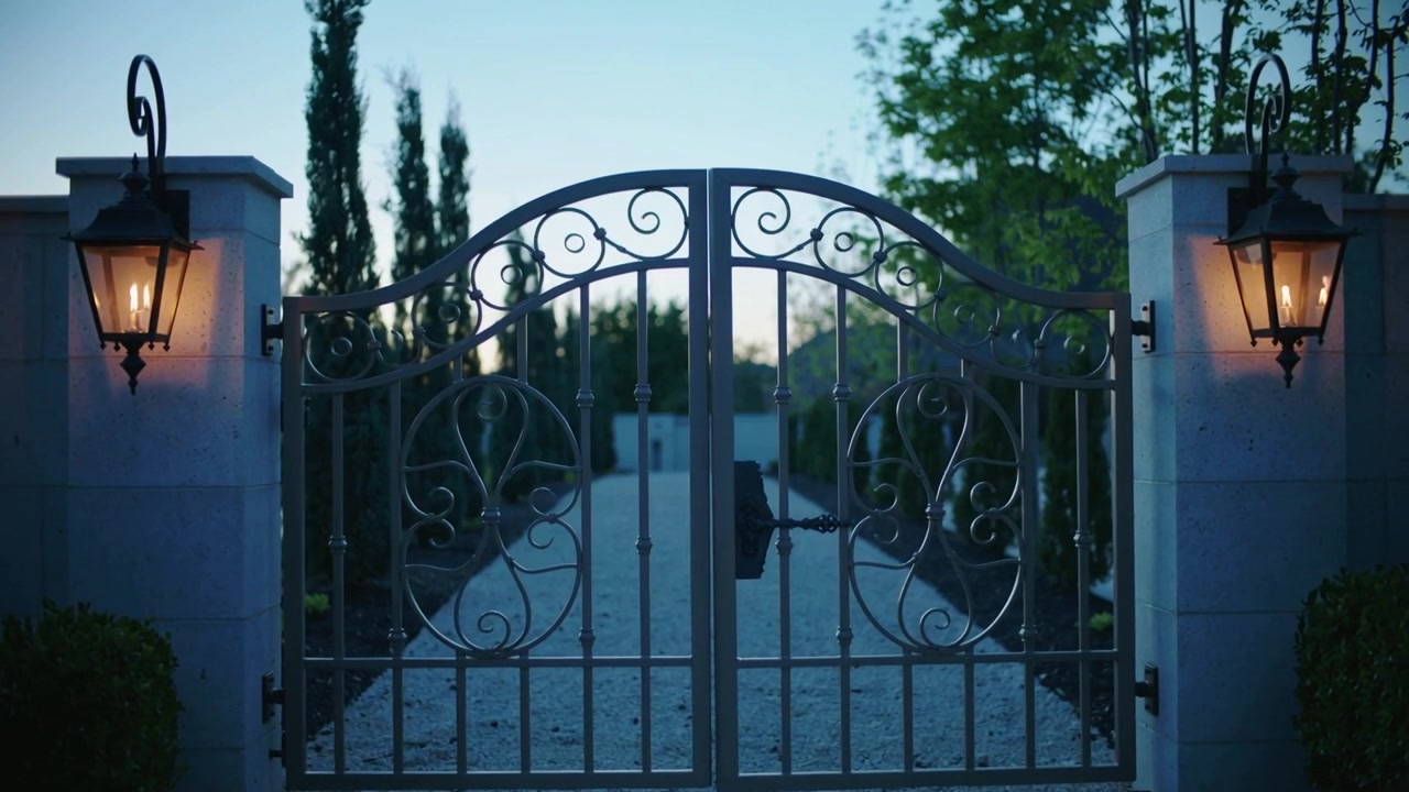 Approaching figure in dark coat turning ornate gate latch at dusk, entering lined gravel driveway