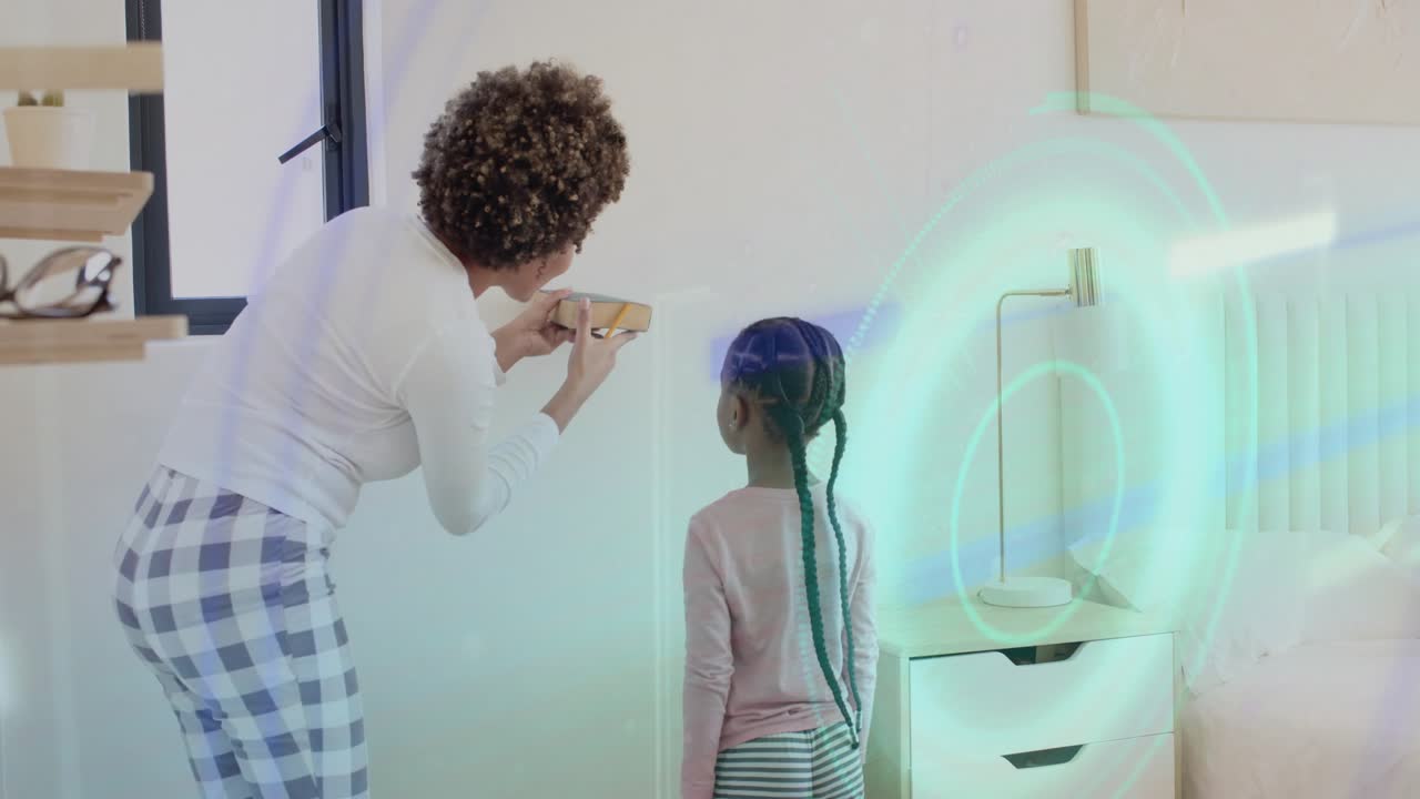 Caregiver leaning in, placing book to mark child height for health, animated light rings sweeping