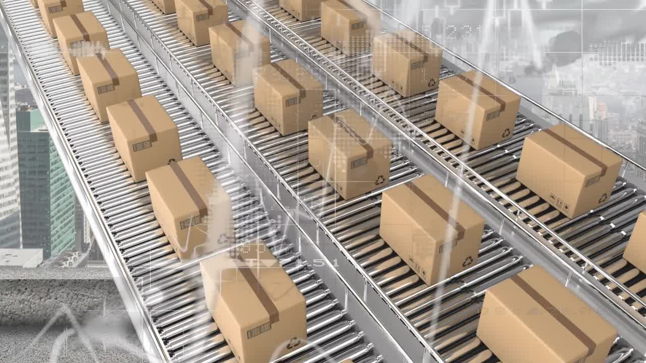 animación del procesamiento de estadísticas sobre cajas de cartón en cintas transportadoras