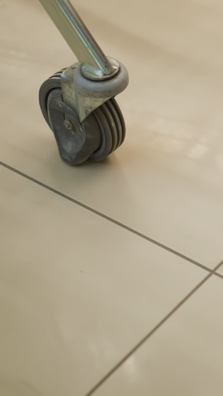 검은색 부츠를 입고, 빨간색 줄무를 가진 체육 가방을 들고, 쇼핑 트롤리를 움직이는 사람의 클로즈업, 쇼핑 또는 일상적인 임무의 움직임과 캐주얼한 성격을 강조합니다.