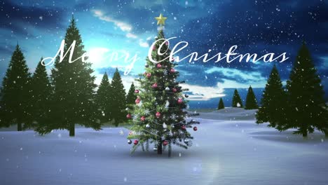 Animation-of-merry-christmas-text-over-christmas-tree-and-winter-landscape