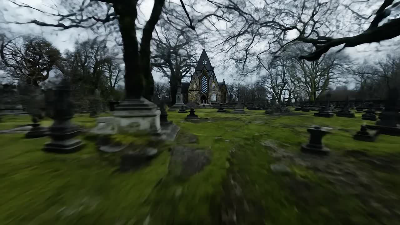 una iglesia gótica en un cementerio