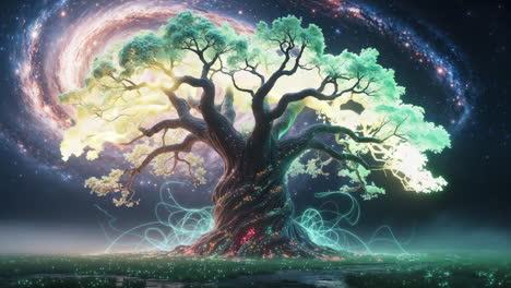 ethereal cosmic tree of life under a galactic sky