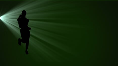 animation of silhouette of woman running over spotlight on green background