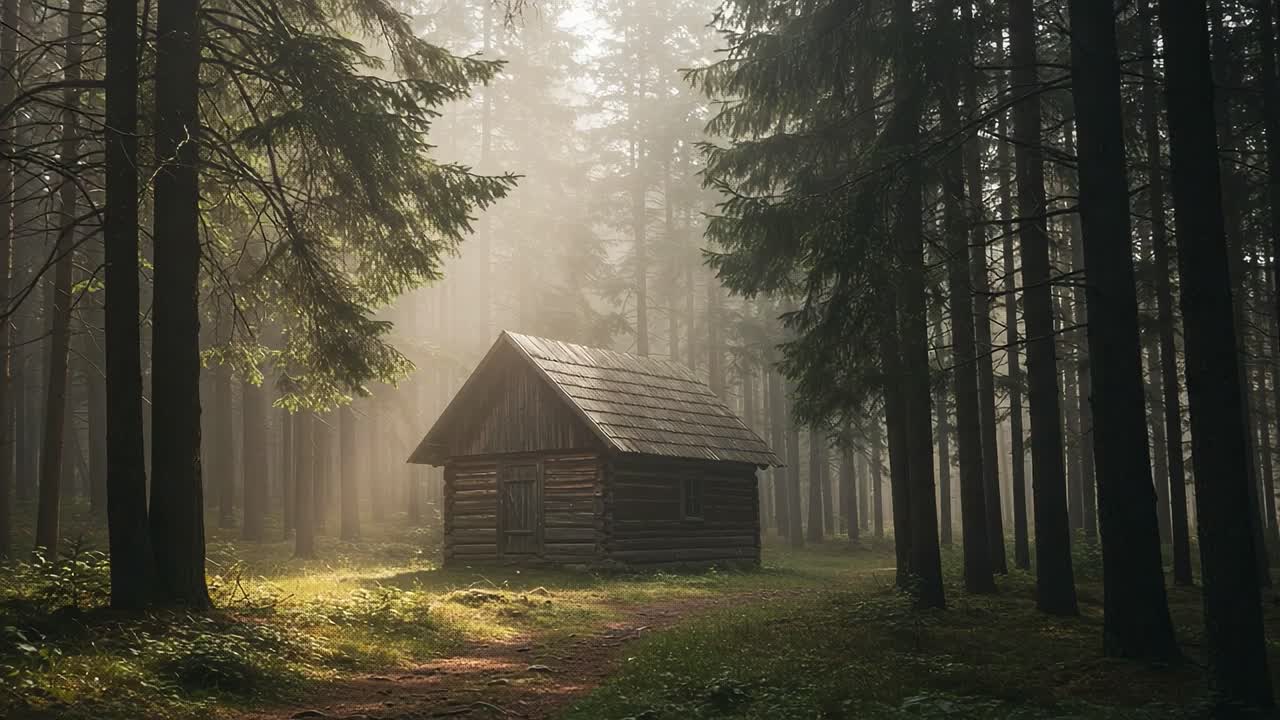 A rustic wooden cabin nestled in a tranquil forest, surrounded by towering trees and ethereal mist, creating a serene and enchanting atmosphere of nature's beauty