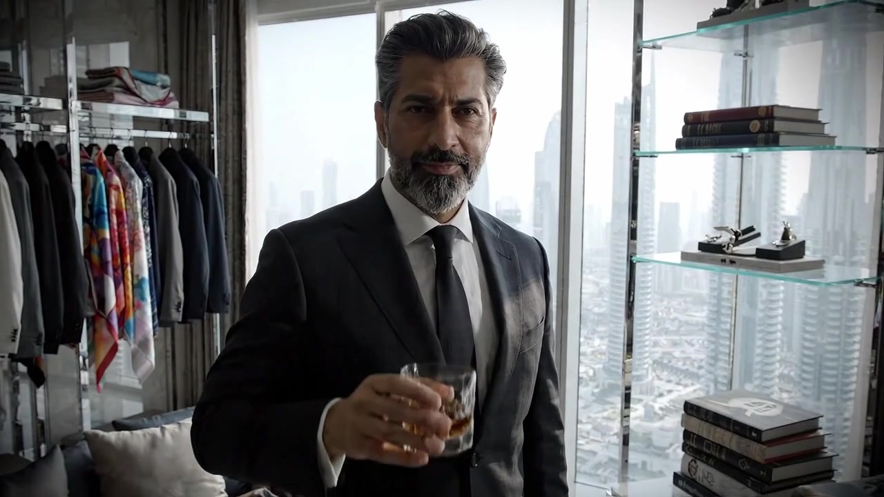 Homem Sofisticado em Guarda-roupa Moderno com Vista para a Cidade: Traje Elegante, Interior Refinado, Prateleiras de Vidro e Bebida Refrescante Refletem a Moda Contemporânea