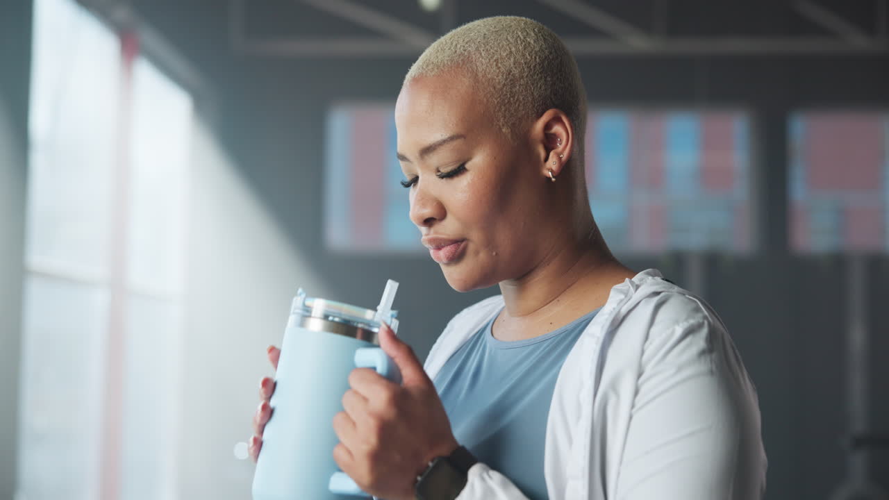 Woman drinking water from a tumbler after a workout