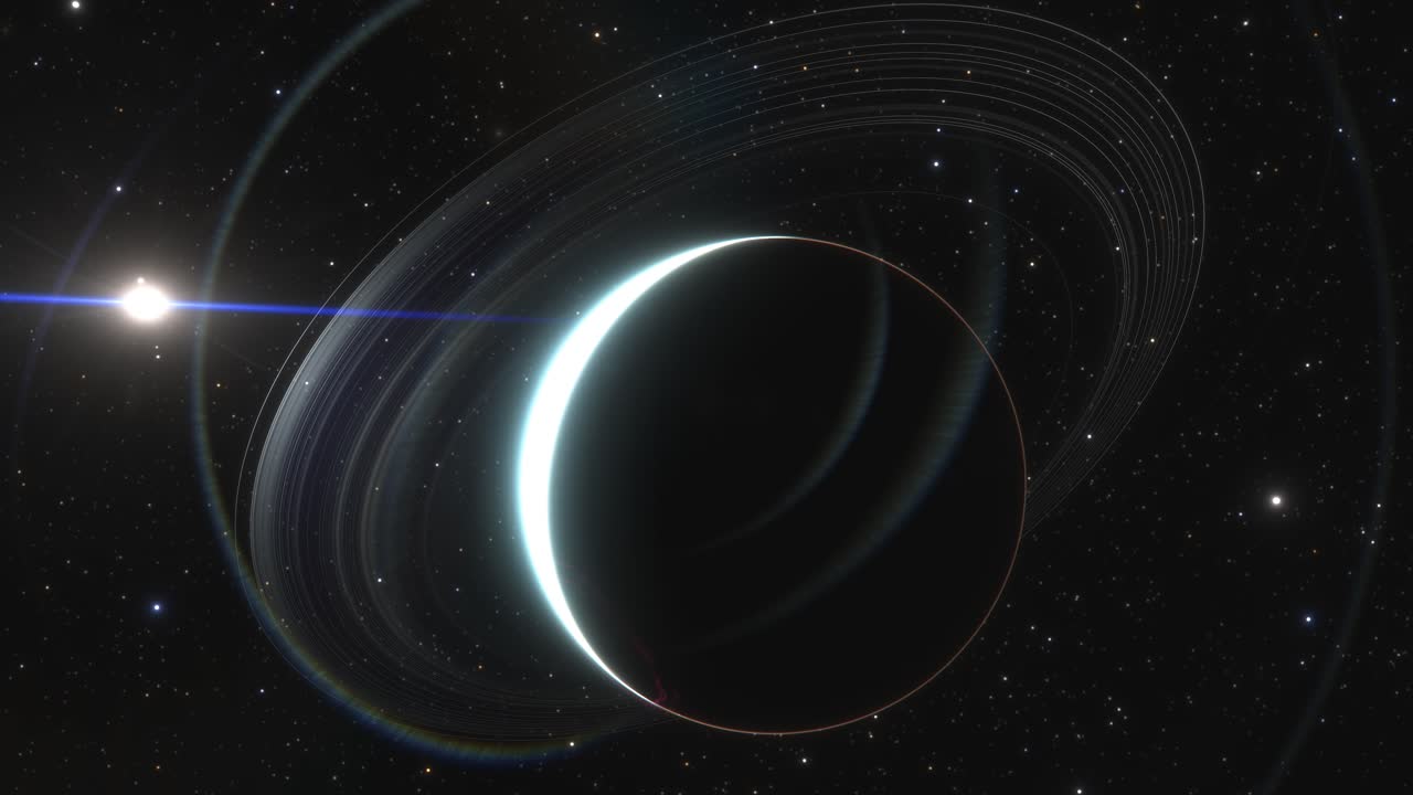 The beautiful blue gas giant Uranus and it's spectacular rings are silhouetted as they eclipse the sun multiple times in this orbit animation