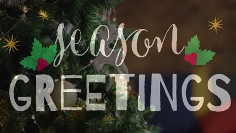 animation of christmas greetings text over christmas tree with decorations