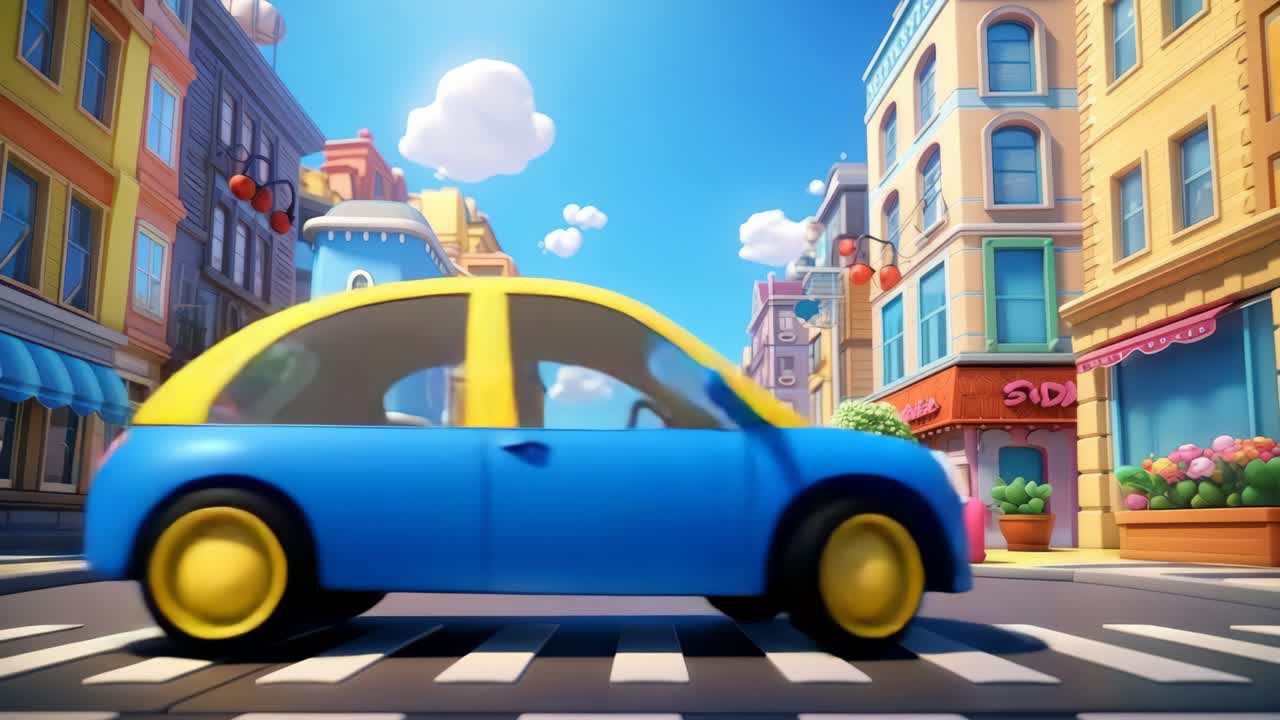 Animazione 3D stravagante di una strada colorata della città, vista da un angolo basso