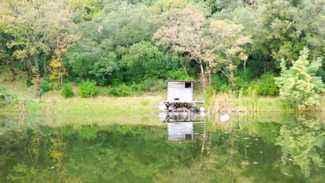 Filmado-Con-Un-Dron-Que-Vuela-Sobre-Un-Lago-Con-Una-Cabaña-De-Pescadores-Y-Luego-Trepa-Y-Vuela-Sobre-Los-árboles-Para-Llegar-A-Una-Gran-Villa-En-Una-Colina,-Caminos-Y-Pinos-Con-Una-Mujer-Trotando