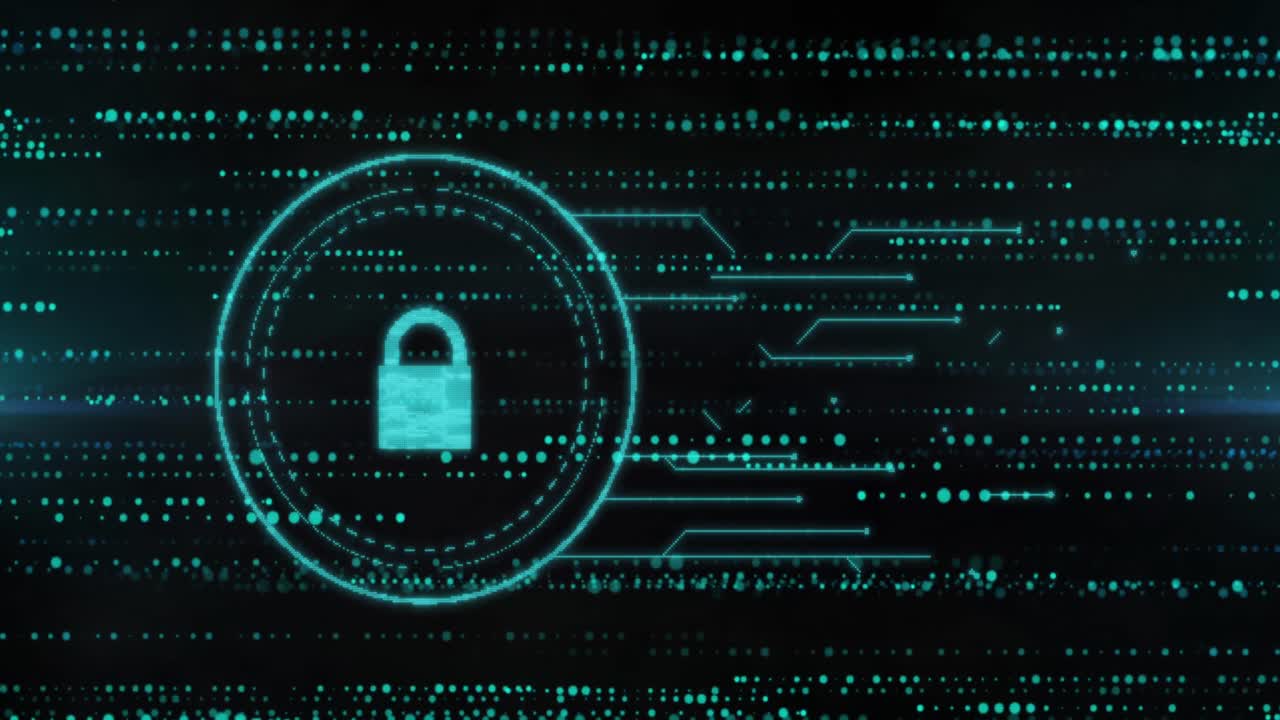 Animation of data processing and padlock over black background