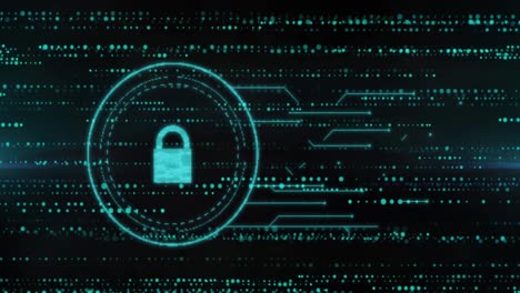animation of data processing and padlock over black background