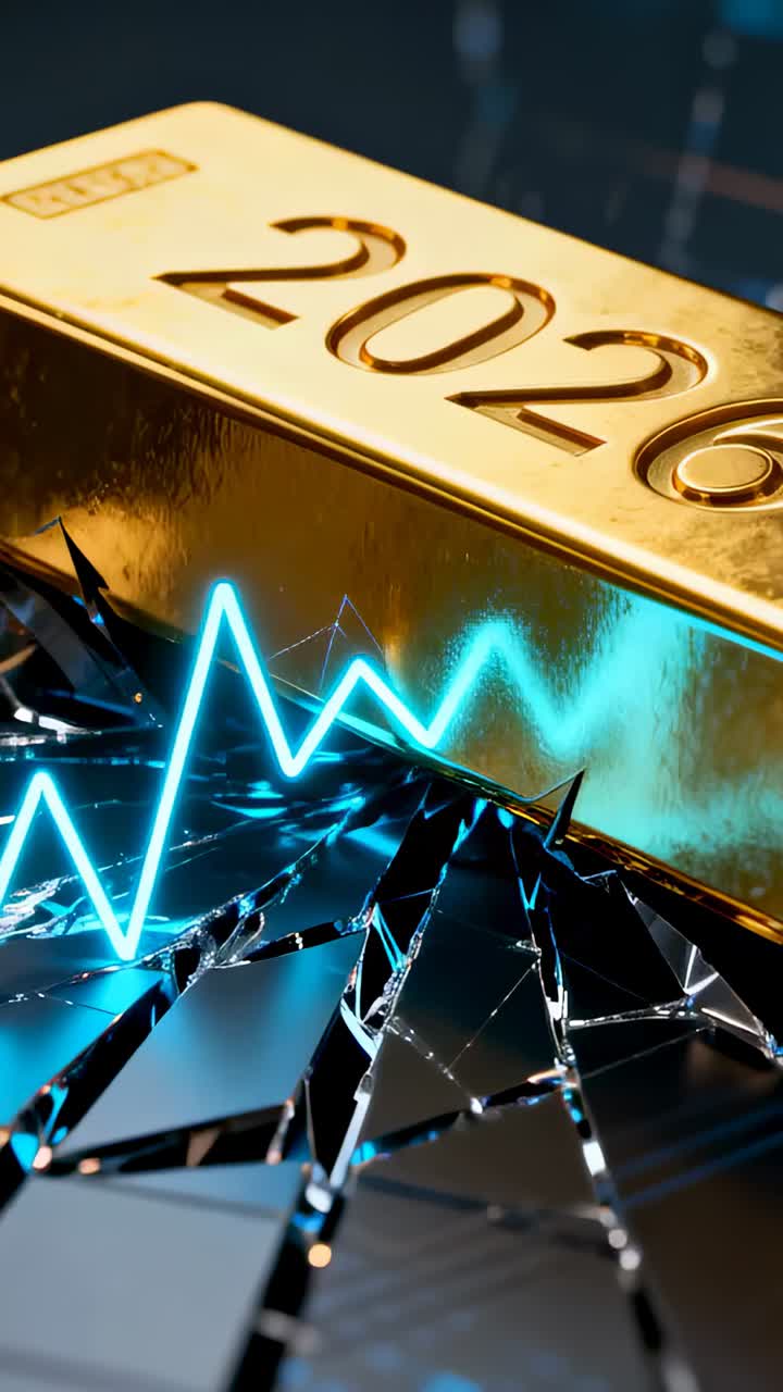 Vertical video: Cyan waveform pulsing right, gold 2026 bar flashing over shards signaling market