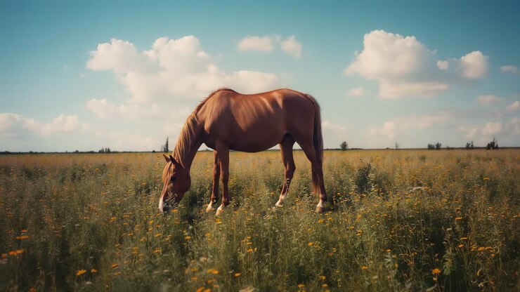 Spotting yellow wildflowers, chestnut horse bending muzzle nibbling grass in meadow under blue sky