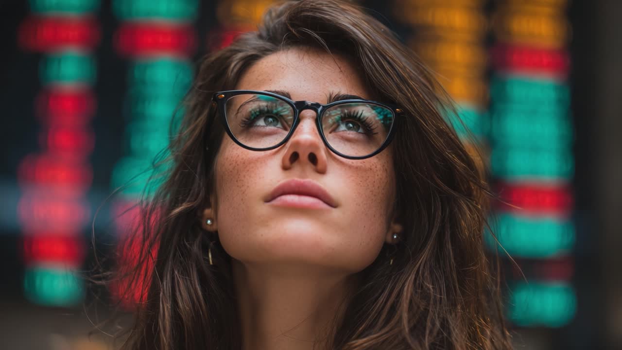 A Young Woman Gazing Thoughtfully at a Colorful Display, Reflecting on Possibilities and Dreams in an Urban Environment with an Air of Determination and Potential