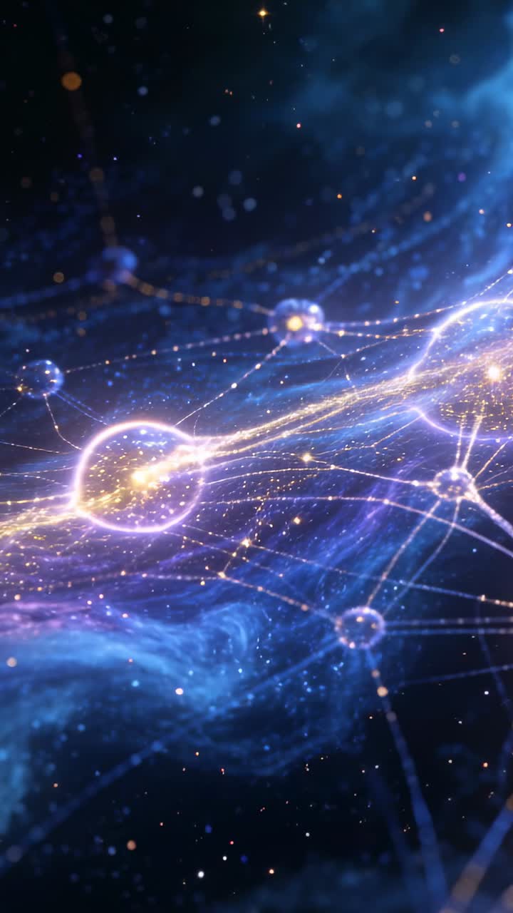 Video verticale: Sfera centrale che si illumina, energizzando filamenti con luce dorata in un campo stellare