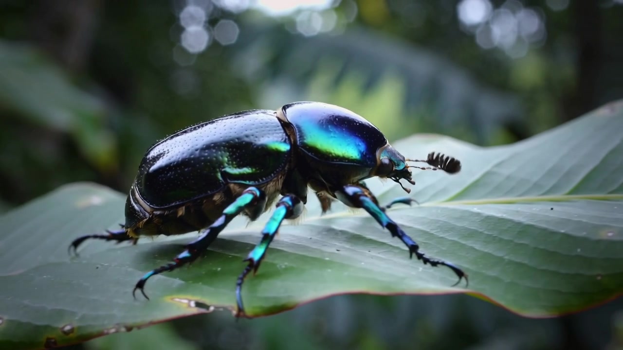 Shifting scarab beetle walking along leaf, probing edge, exploring amid water droplets and foliage
