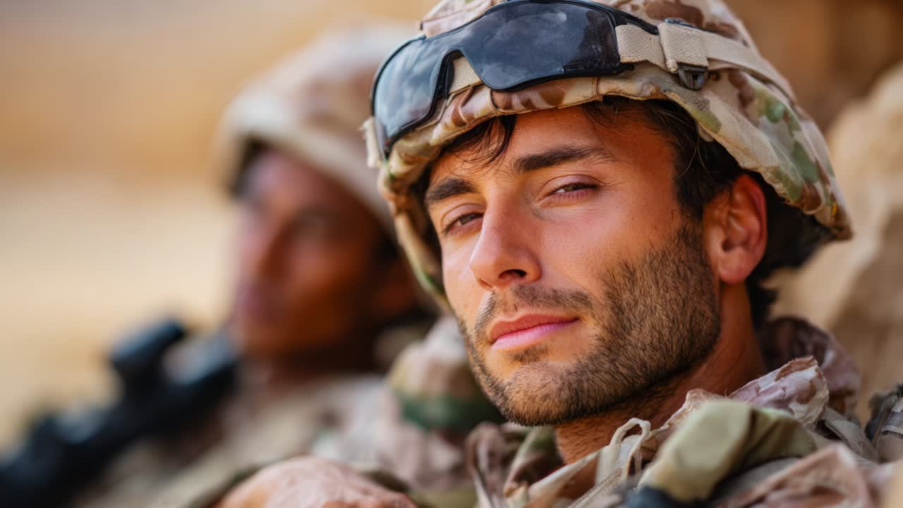A steadfast soldier gazes into the distance, embodying strength and resilience amidst a challenging environment. The determination in his eyes reflects unwavering commitment to duty and brotherhood