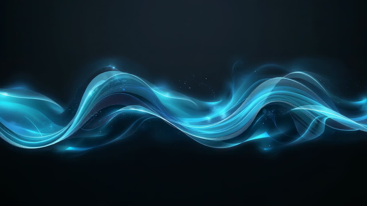 Loop starting, cyan-blue ribbon undulating across dark backdrop, creating smooth flow with sparkles