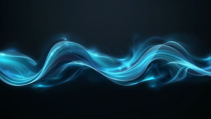 Inizio del loop, nastro ciano-blu che ondeggia su uno sfondo scuro, creando un flusso scorrevole con scintillii