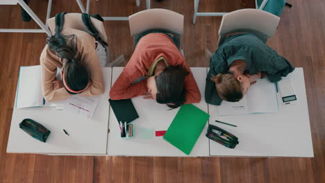 fatigue, sleeping and top view of students