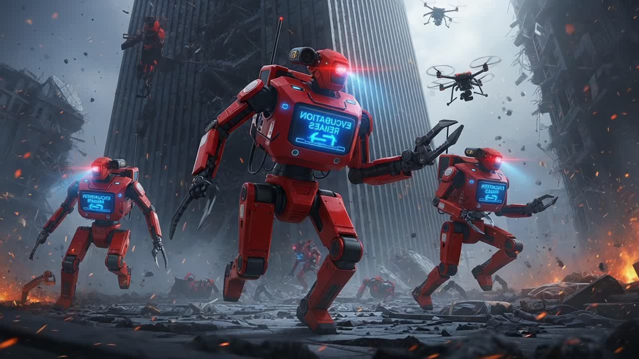Dynamic Scene Featuring Advanced Red Robots Engaged in Futuristic Tasks Amidst a Devastated Urban Landscape Overrun by Drones and Scattered Debris