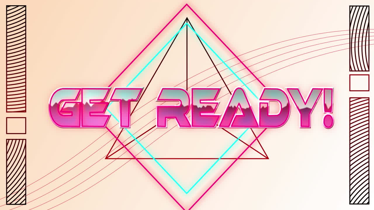 희미한 분홍색에 삼각형과 함께 네온 선 위에 분홍색 금속 글자로 준비 텍스트의 애니메이션