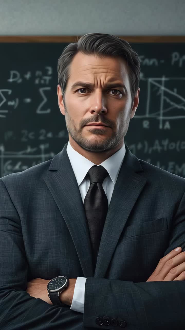 Vertical video: Bell ringing teacher in suit and tie teaching math at school pointing at chalkboard