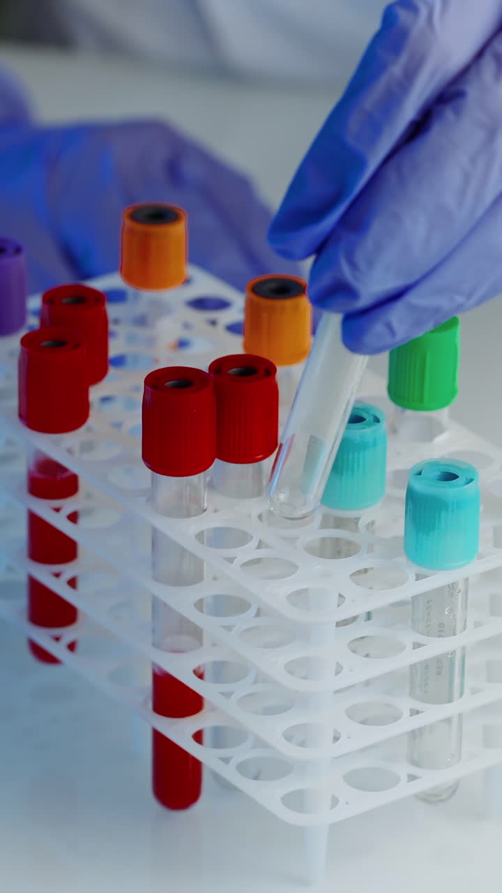 Blood sample for testing. Close up of doctor hand holding blood sample