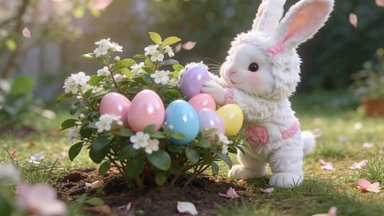 Entering plush white rabbit nudging pastel eggs in garden, lifting purple egg and arranging eggs