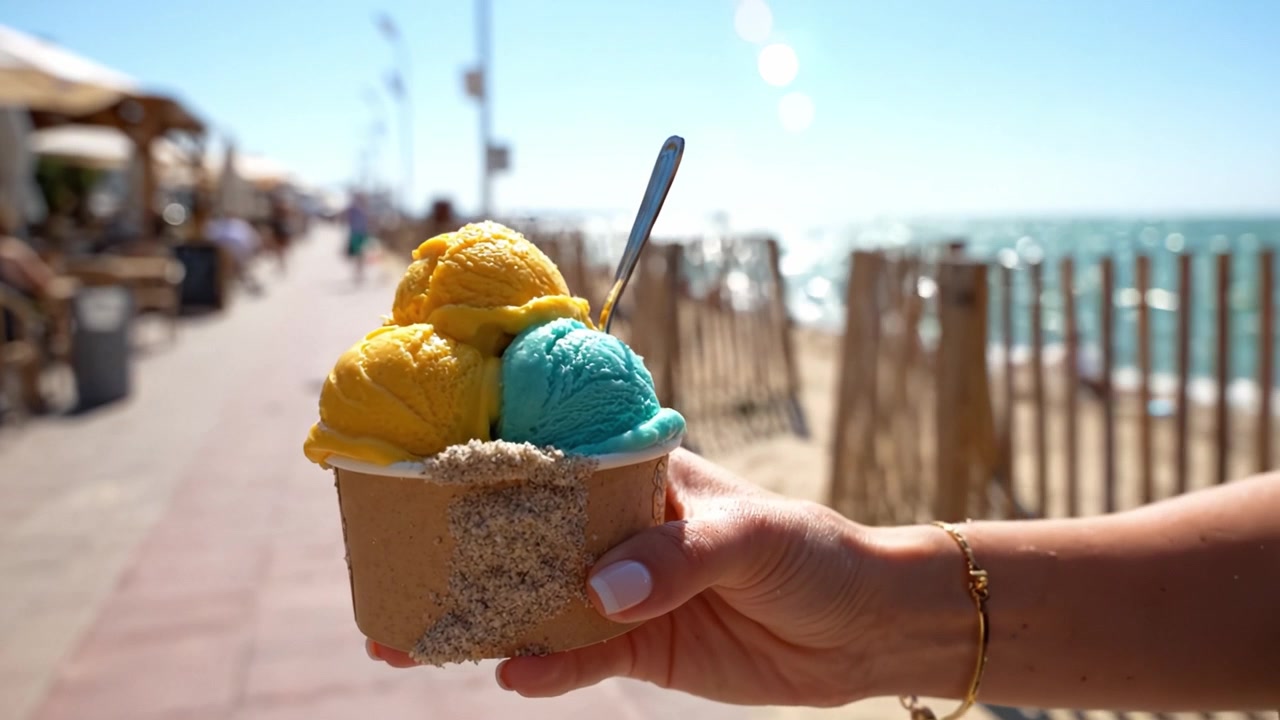 Deliziosi coni gelato gustati in spiaggia in una luminosa giornata di sole, con vivaci colori di gusti giallo, blu e menta in un caldo pomeriggio estivo