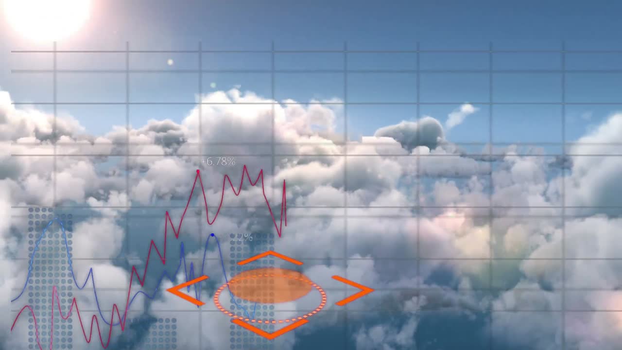 Animazione di elaborazione dati su nuvole e griglia
