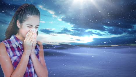 woman sneezing against snowfall background 4k