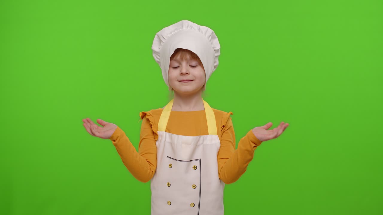 Bambina vestita da chef con grembiule che indica a destra e a sinistra su uno spazio vuoto, chroma key.