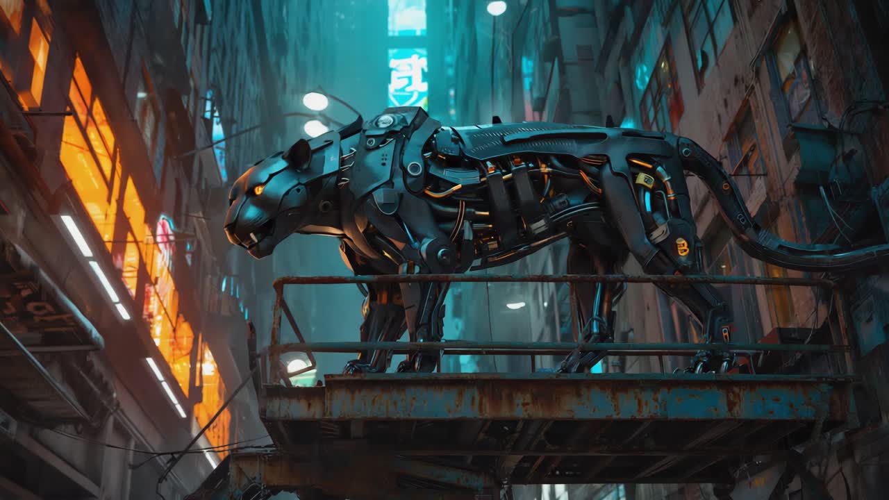 Cyberpunk Robotic Panther in Futuristic Cityscape