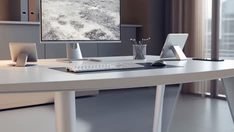 modern office desk with computer and tablets