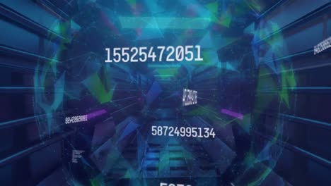 animación de números, procesamiento de datos en el globo sobre fondo azul.
