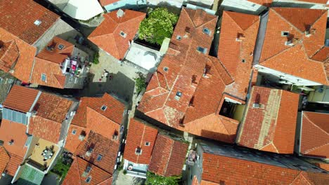 Old-Town-Budva,-Roof-Tops,-Aerial-Pano,-Montenegro,-Adriatic-Coast