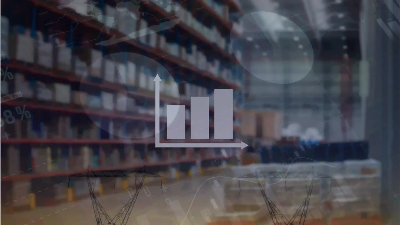 Animazione di statistiche in elaborazione sopra scaffali in un magazzino.