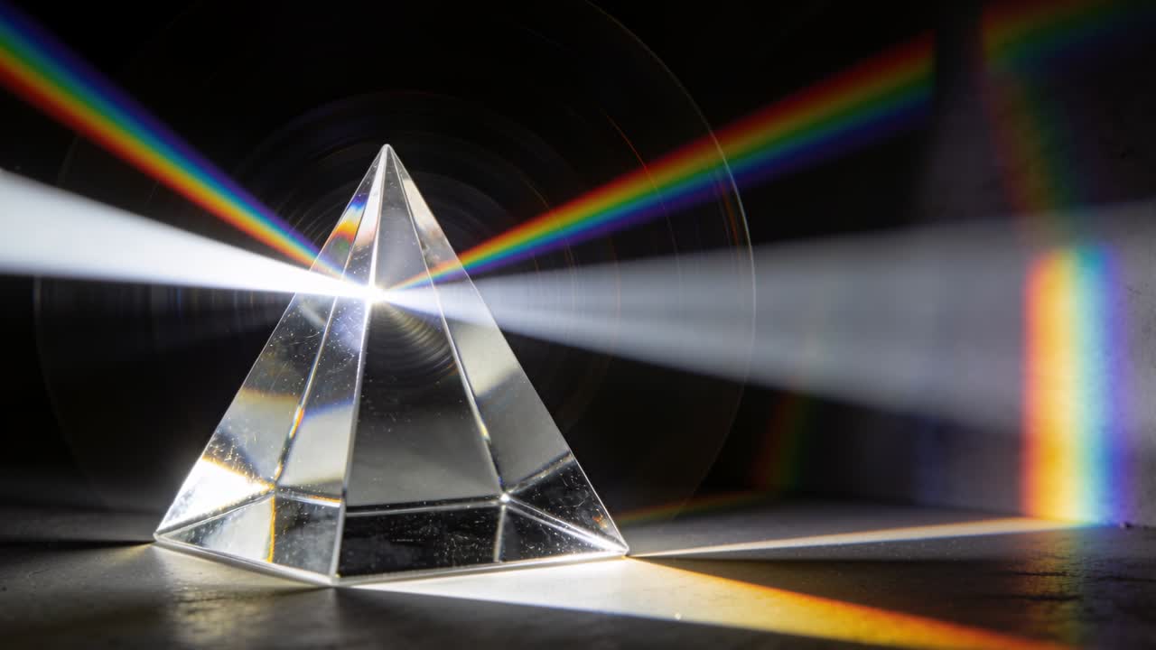 Striking white beam entering left splitting on glass prism in dark studio, fanning wider spectrum